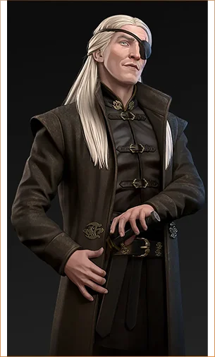 Ritratto di Aemond Targaryen con lunghi capelli bianchi, una benda sull'occhio e una mano posata sull'elsa della spada