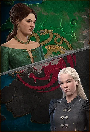 Schermata di gioco con le immagini di Alicent Hightower e Rhaenyra Targaryen su sfondo di stemmi e della mappa del Westeros