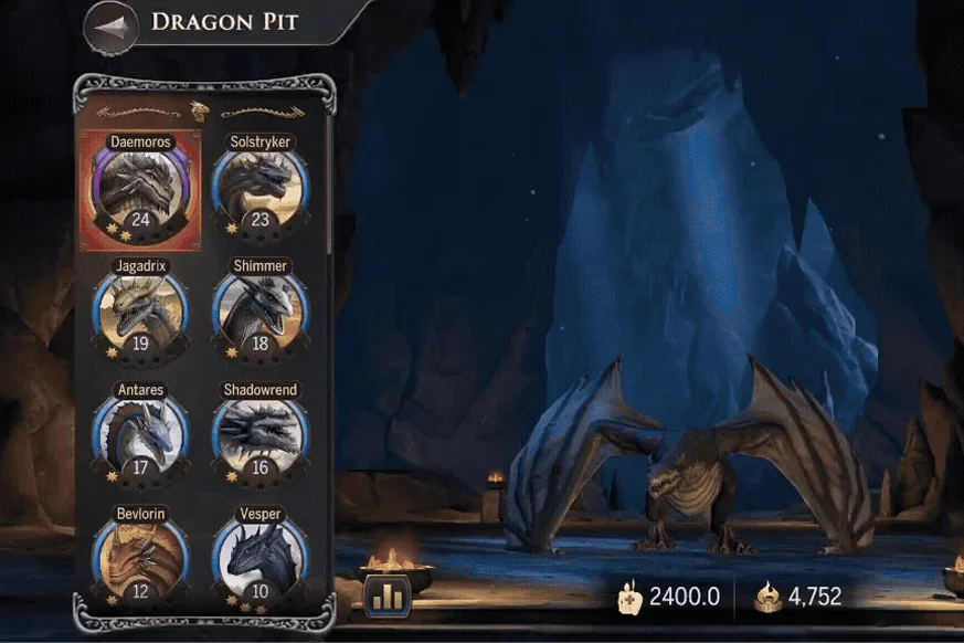 Interfaccia di gioco della sezione Dragon Pit con la selezione del drago e le sue caratteristiche