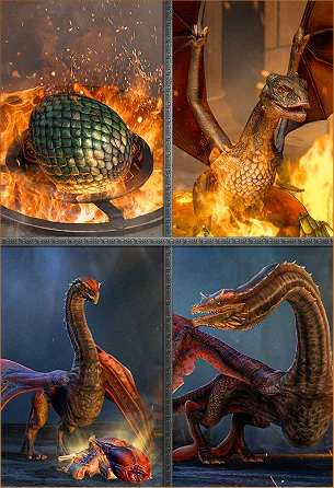Un collage di quattro immagini che mostra le fasi della crescita del drago, dall'uovo avvolto dalle fiamme fino all'età adulta