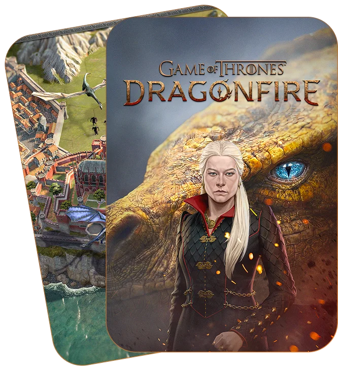 Poster del gioco “Game of Thrones: Dragonfire” con Rhaenyra Targaryen sullo sfondo del drago dorato Syrax