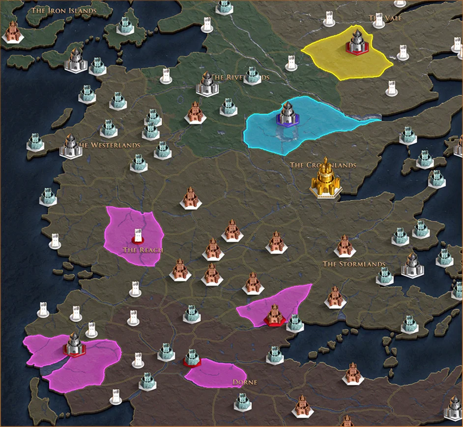 Mappa strategica di Westeros con castelli e regioni contrassegnati nel gioco per dispositivi mobili