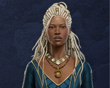 Ritratto di Laena Velaryon con i dreadlock bianchi, in un abito blu e oro con una collana di gioielli