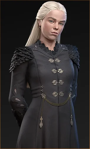 Ritratto di Rhaenyra Targaryen con i capelli chiari, in un sobrio cappotto scuro con spalline a scaglie