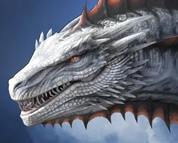 Primo piano della testa di un drago bianco-argenteo con spine appuntite e occhi arancioni